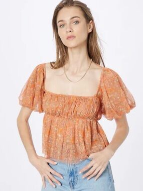 Free People Orange Floral Square-Neck Puff Sleeve Penelope Top